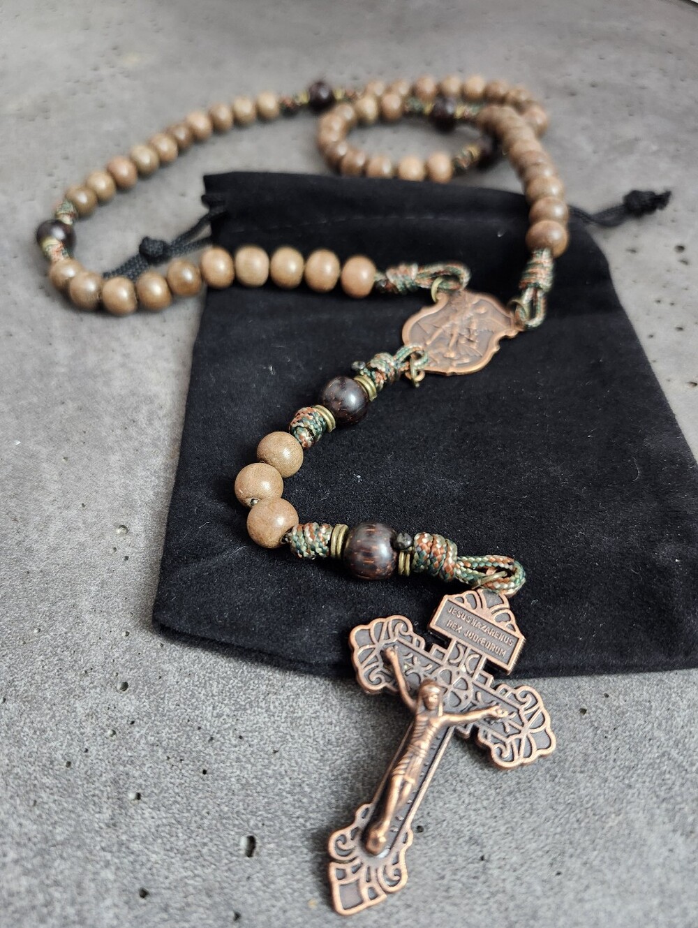 St Michael Wood & Paracord Rosary Copper Accents Handmade